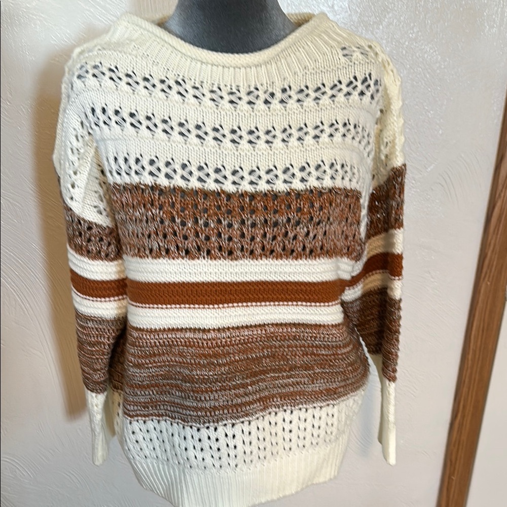 SHEIN Cream and Brown Crew Neck Sweater with Textured Knit